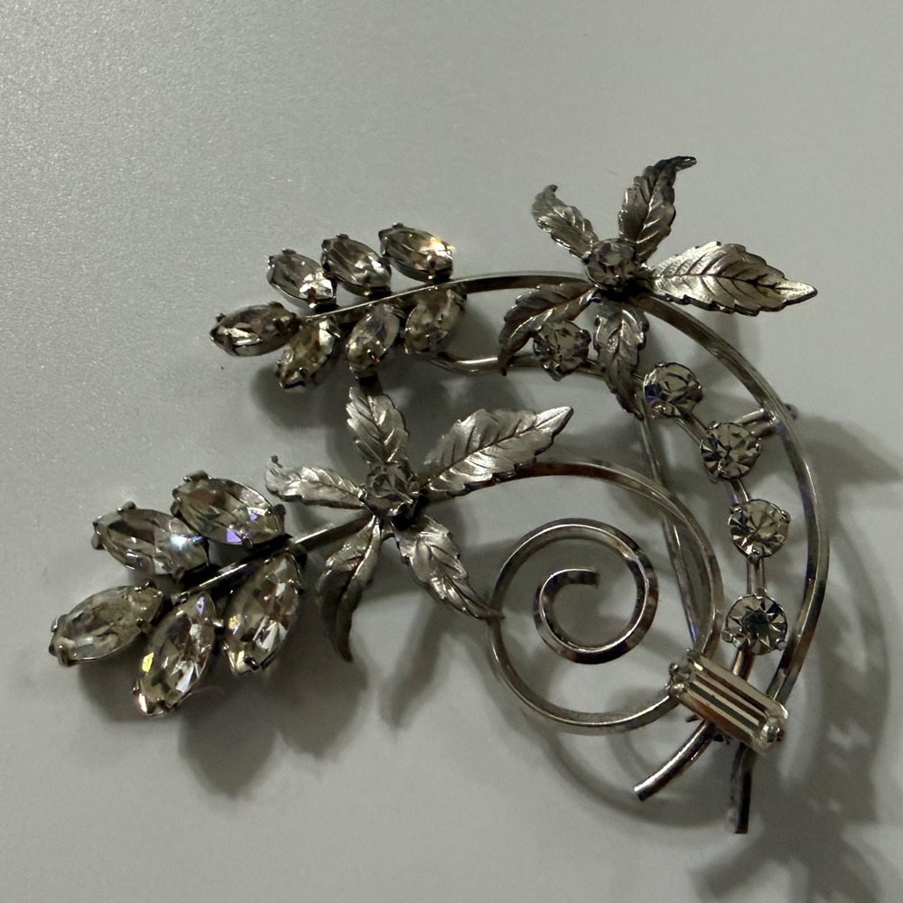Vintage Signed Krementz Floral Spray Brooch with Rhinestones.
